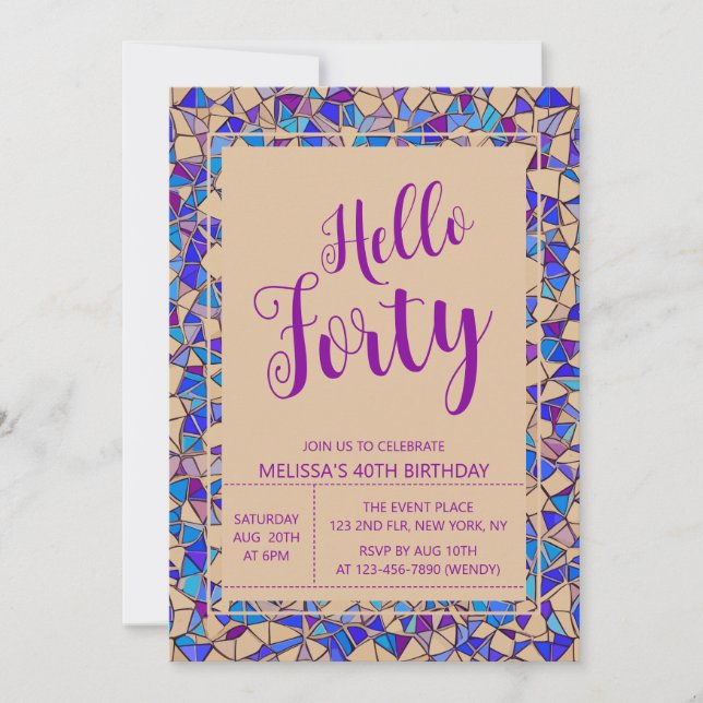 Invitación Mosaico azul violeta de moda Hola 40 cumpleaños (Anverso)