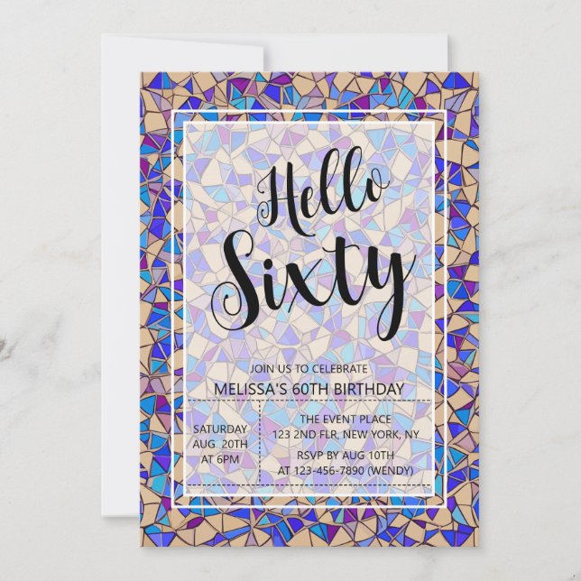 Invitación Mosaico Azul Violeta Hola Sesenta cumpleaños (Anverso)