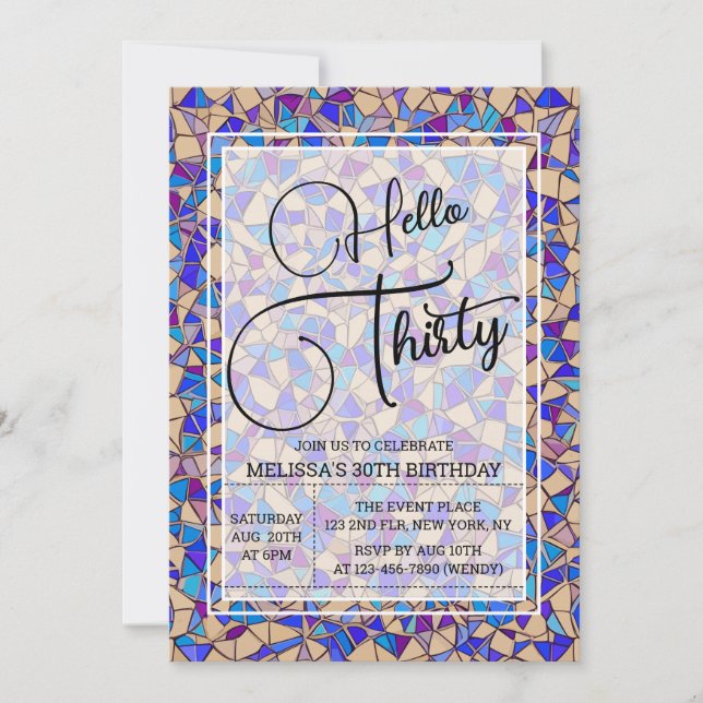 Invitación Mosaico Azul Violeta Hola Treinta y Treinta Cumple (Anverso)