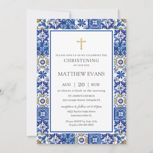 Invitación Mosaicos azules mediterráneos Christening (Anverso)