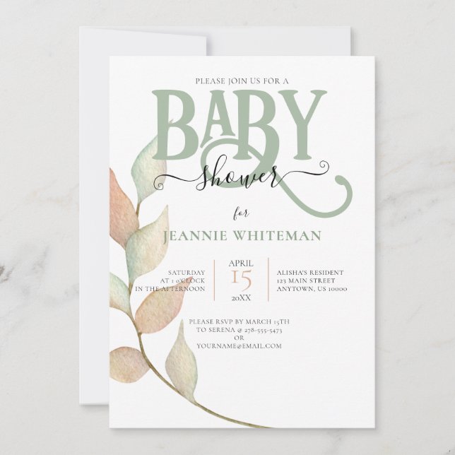 Invitación Moss Botánicos y BABY SHOWER Peach (Anverso)