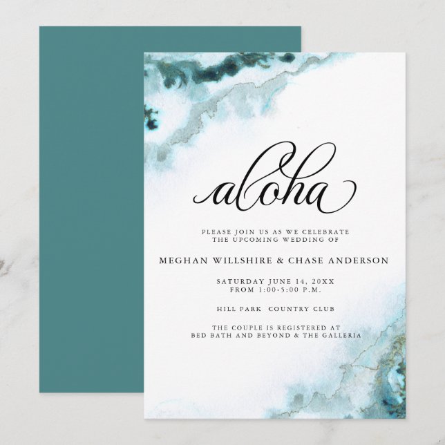 Invitación Moss de acuarela Verde azulada moderna Agate Aloha (Anverso / Reverso)