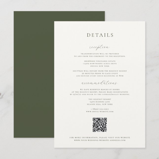 Invitación Moss Green Boda Details Card (Anverso / Reverso)