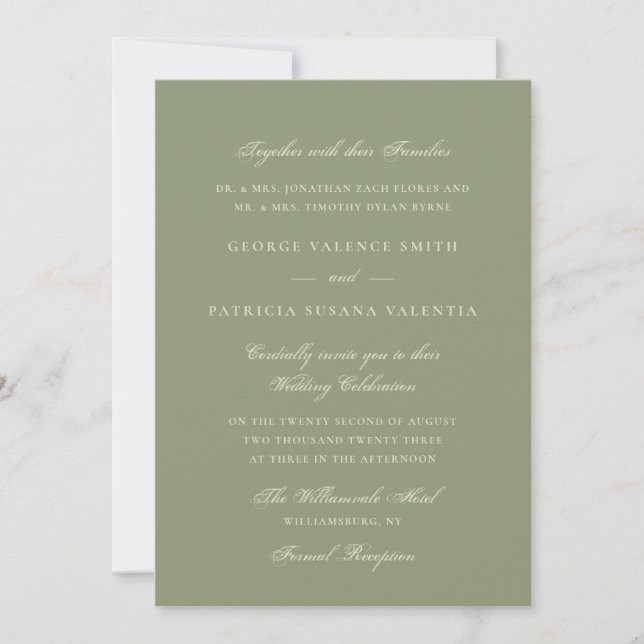 Invitación Moss Green caligrafía formal elegante matrimonio (Anverso)