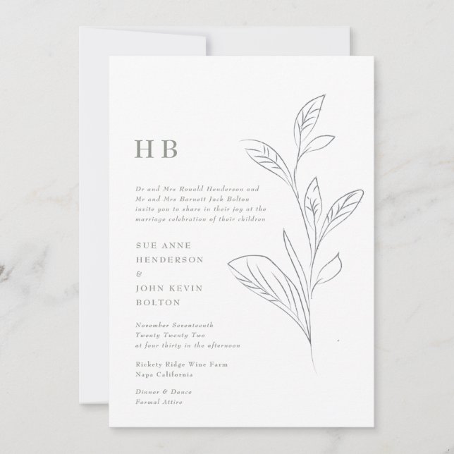 Invitación Moss Green Elegant Leafy Garden Monograma Boda (Anverso)