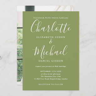 Invitación Moss Green Elegant Modern Script Photo Boda