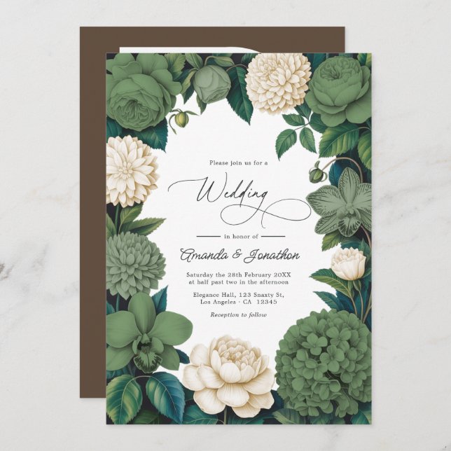Invitación Moss Green, Fern Soft & Antique Cream Wedding (Anverso / Reverso)