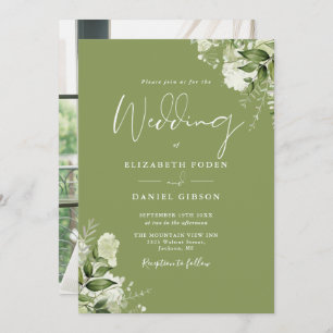 Invitación Moss Green Floral Greenery Elegante Boda fotográfi