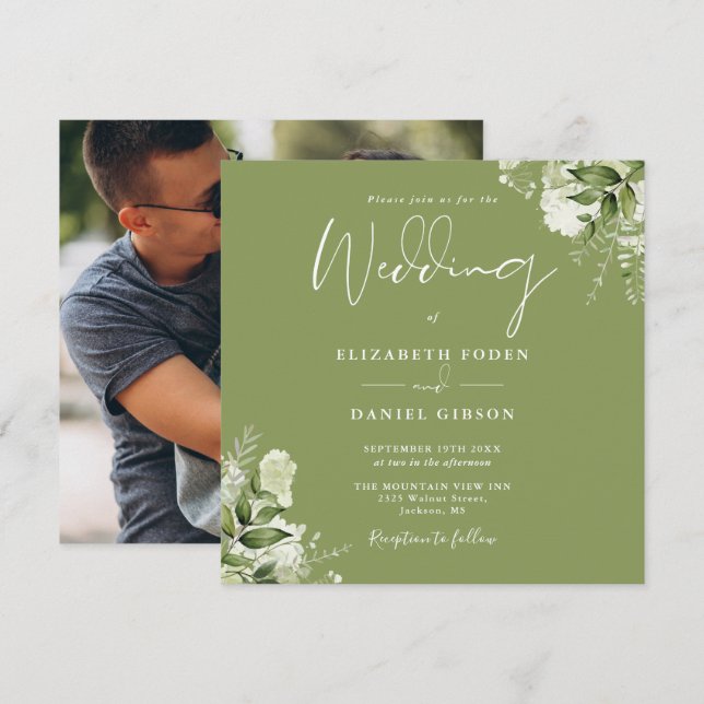 Invitación Moss Green Floral Greenery Photo Square Boda (Anverso / Reverso)