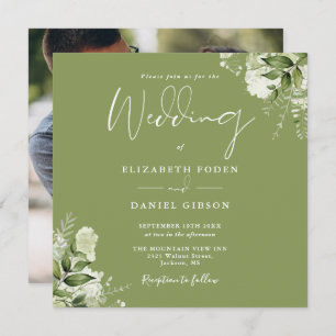 Invitación Moss Green Floral Greenery Photo Square Boda