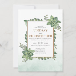 Invitación Moss Green Gold Watercolor Succulum Frame Boda