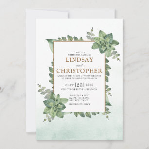 Invitación Moss Green Gold Watercolor Succulum Frame Boda
