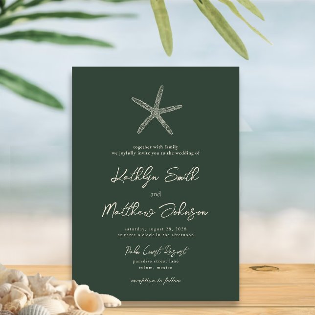 Invitación Moss Green Modern Shell Beach Destination Wedding (Subido por el creador)