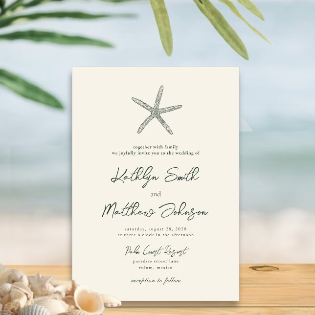 Invitación Moss Green Modern Shell Beach Destination Wedding (Subido por el creador)