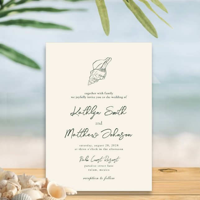 Invitación Moss Green Modern Shell Beach Destination Wedding (Subido por el creador)