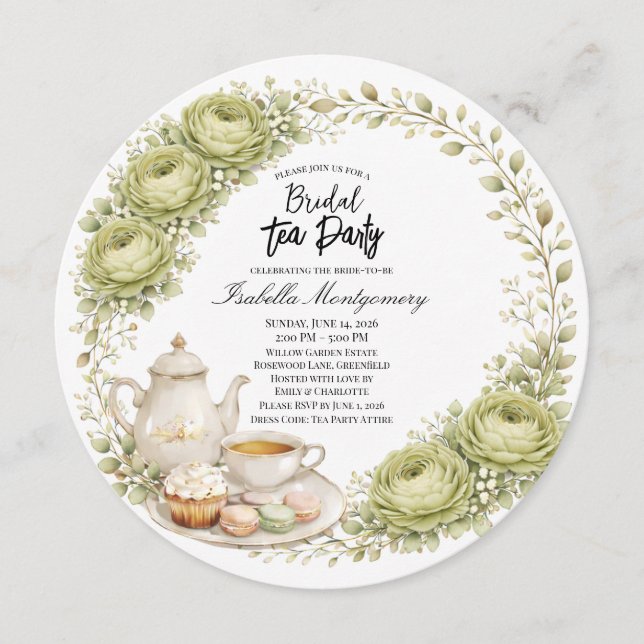 Invitación Moss Green Palette Tea Party Bridal Shower (Anverso)