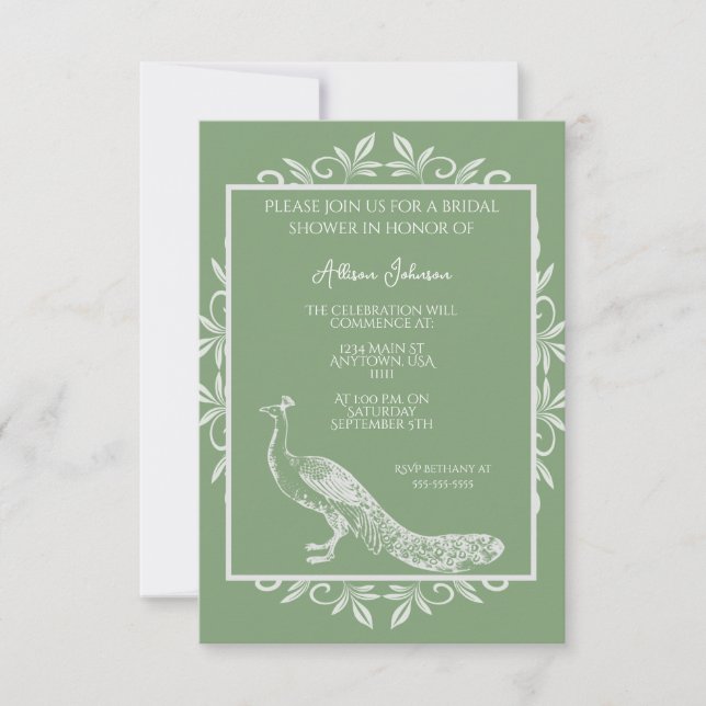 Invitación Moss Green Peacock Florece Bridal Shower (Anverso)