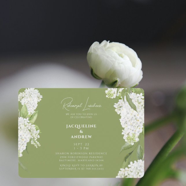 Invitación Moss Green White Hydrangeas Rehearsal Luncheon II (Subido por el creador)