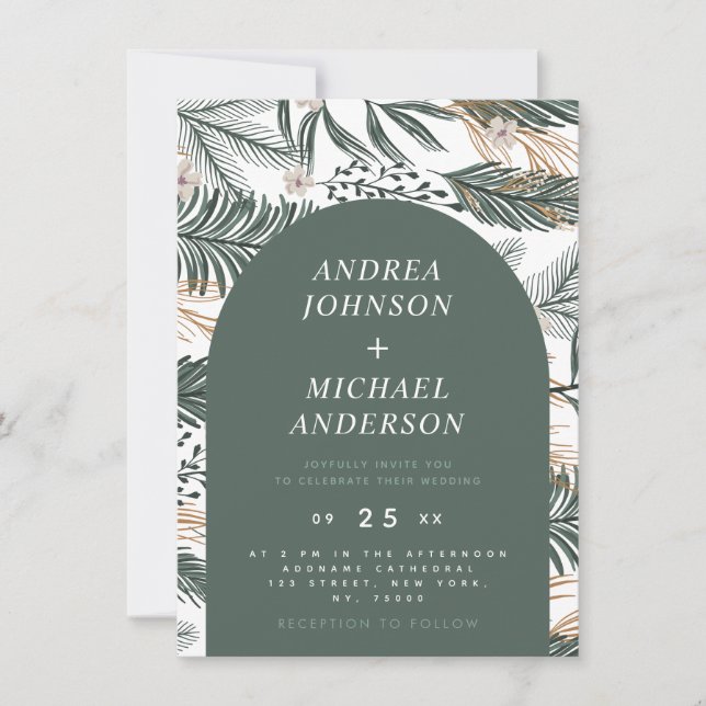 Invitación Moss Green Winter Forest Needles & Arch Flowers (Anverso)