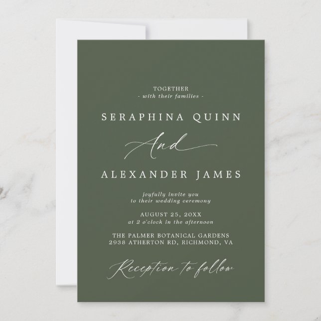 Invitación Moss verdes oscuros | Boda formal de script simple (Anverso)