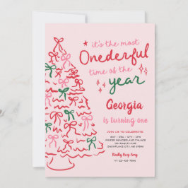 Invitación Most Onederful Coquette Bow Christmas 1st Birthday