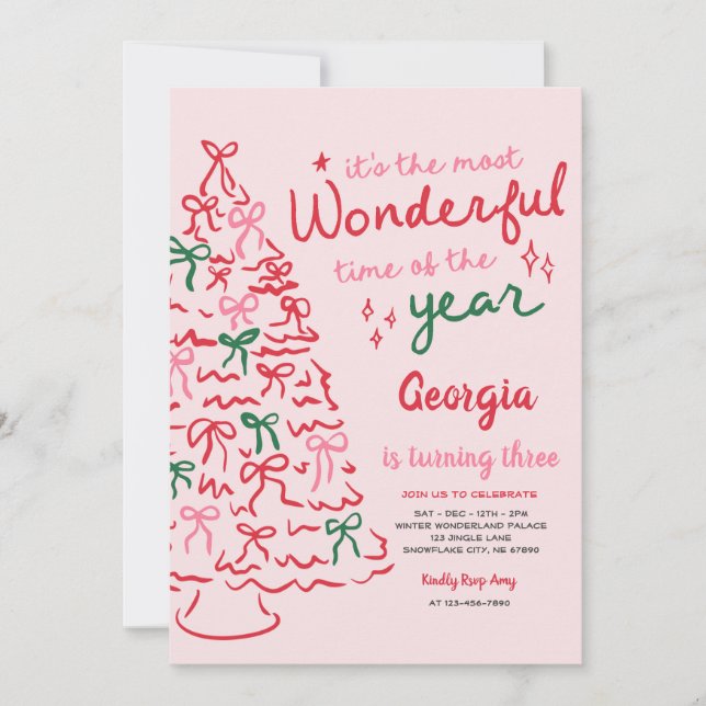 Invitación Most Wonderful Coquette Bow Christmas Birthday (Anverso)