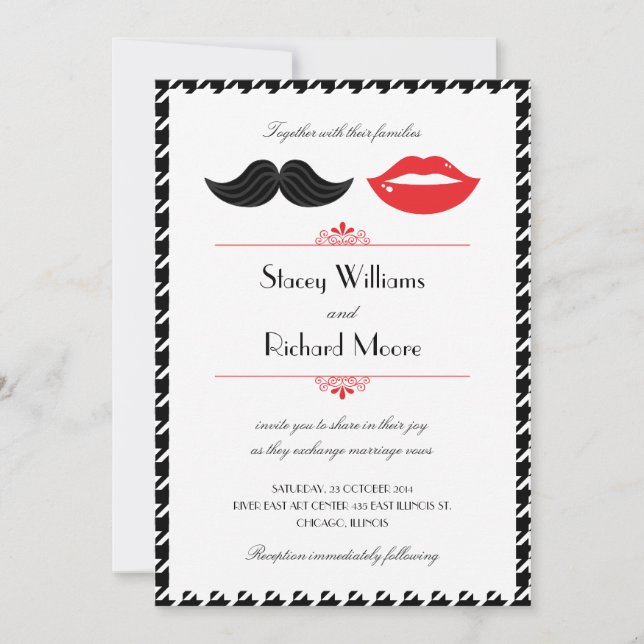 Invitación Mostache Rojo, Negro y Blanco y Mostazo de gallos  (Anverso)