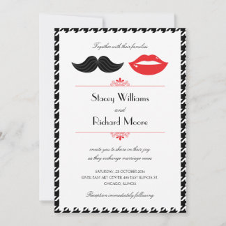 Invitación Mostache Rojo, Negro y Blanco y Mostazo de gallos