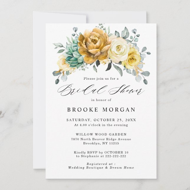 Invitación Mostaza Amarilla Floral Sage Greenery Bridal Showe (Anverso)