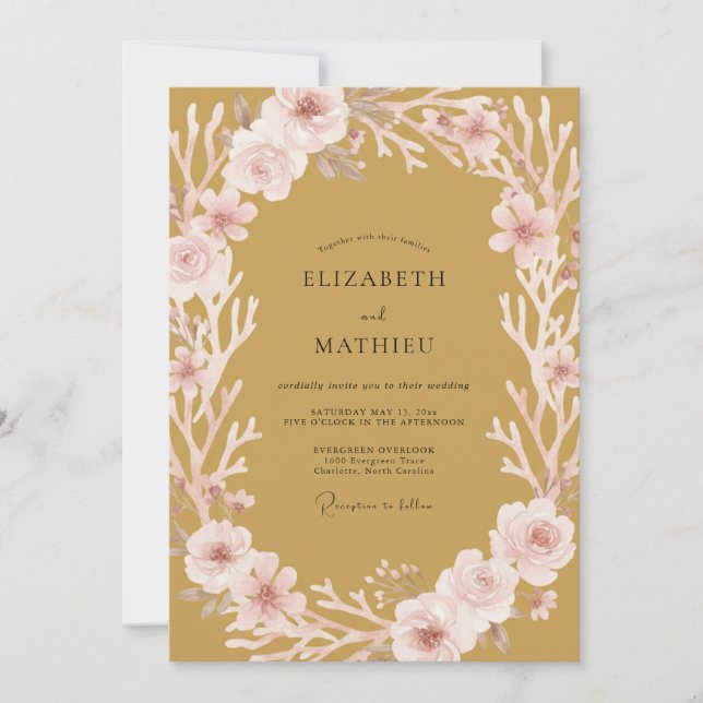 Invitación Mostaza Gentil Flor de Boda (Anverso)