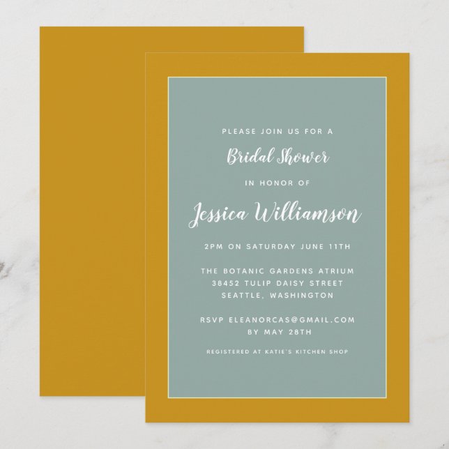Invitación Mostaza geométrica simple y ducha de novia con sal (Anverso / Reverso)