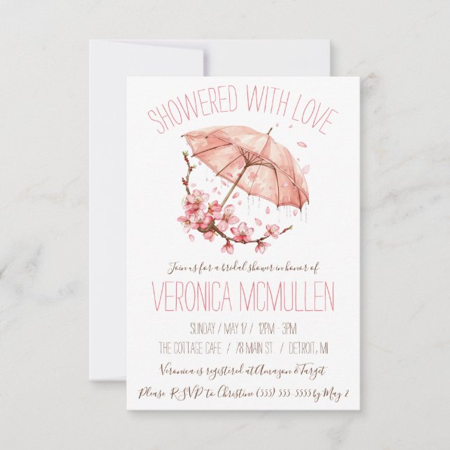 Invitación ¡Mostrado con amor! Ducha de novia de paraguas ros (Anverso)