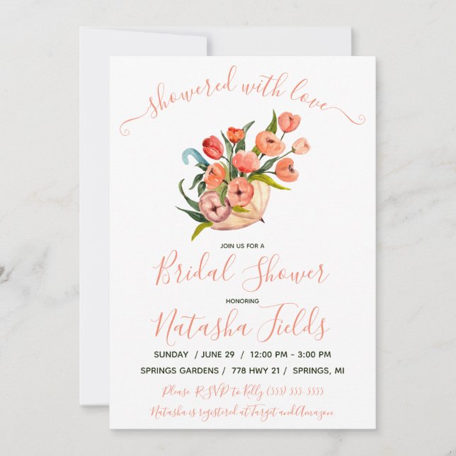 Invitación ¡Mostrado Con Amor! Floral Paraguas Bridal Shower (Anverso)
