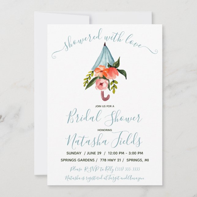Invitación ¡Mostrado Con Amor! Paraguas, ducha nupcial de pri (Anverso)