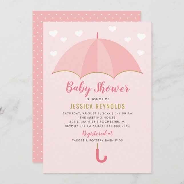 Invitación Mostrado con amor Rubor Pink Umbrella Baby Shower (Anverso / Reverso)