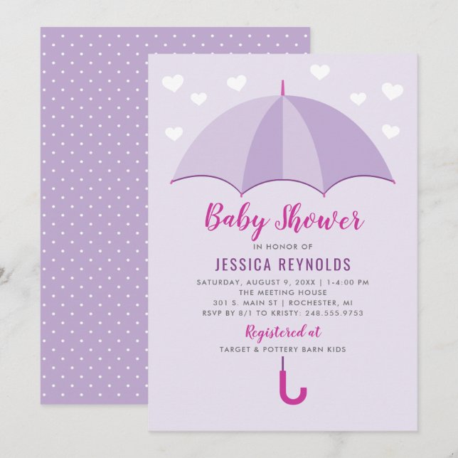 Invitación Mostrado con el Baby Shower del paraguas morado de (Anverso / Reverso)