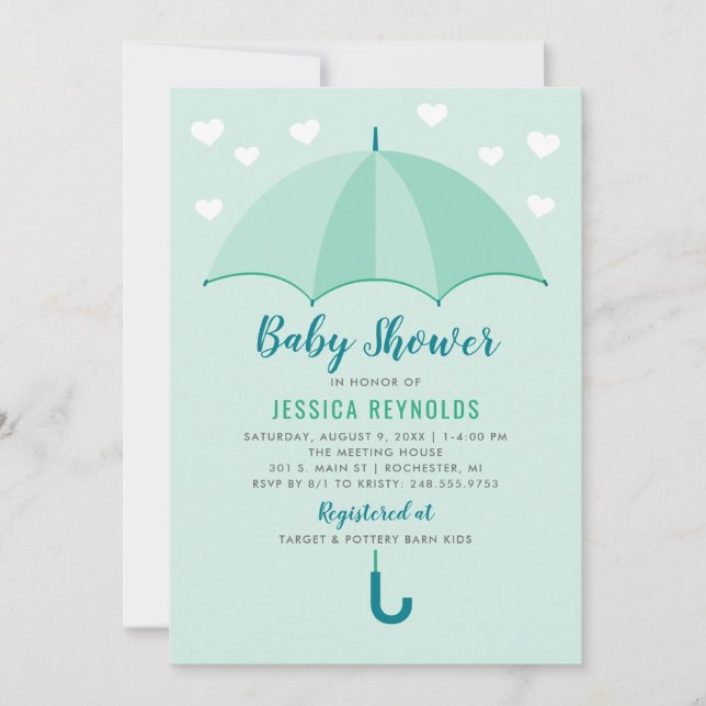 Invitación Mostrado con Love Mint Green Umbrella Baby Shower (Anverso)