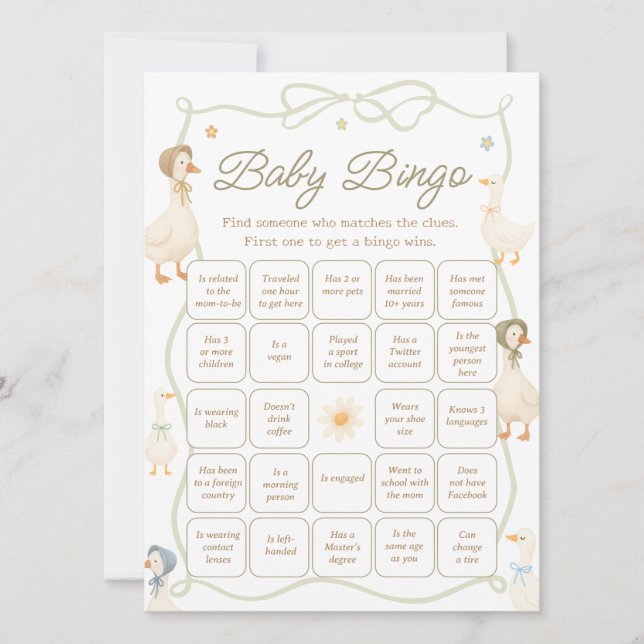 Invitación Mother Goose Baby Shower Find the Guest Bingo Game (Anverso)