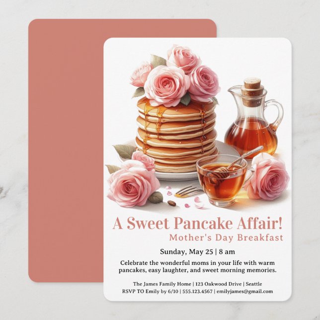 Invitación Mother’s Day Breakfast Invitation – Pancakes Roses (Anverso / Reverso)