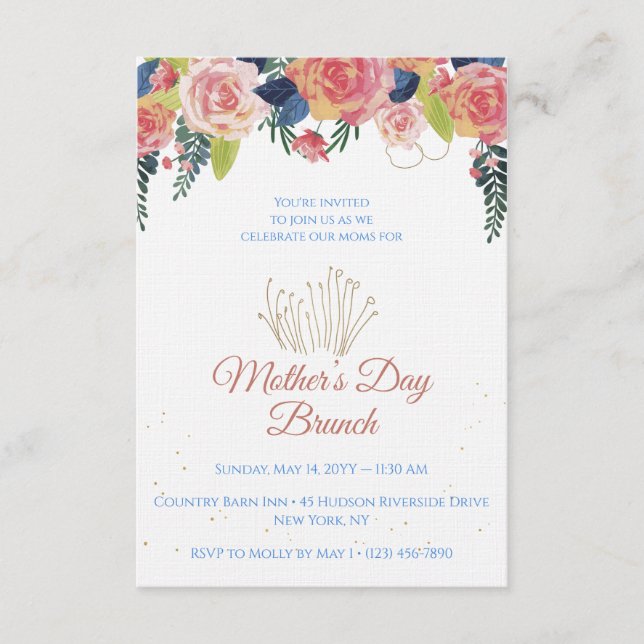 Invitación Mother's Day Brunch Floral Navy Blue & Rose Gold (Anverso)