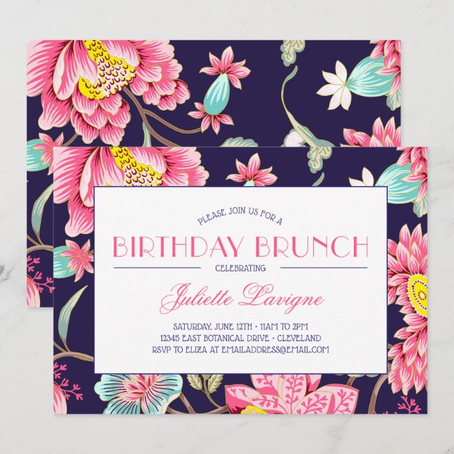 Invitación Motif floral en acua rosa y cumpleaños azul (Anverso / Reverso)