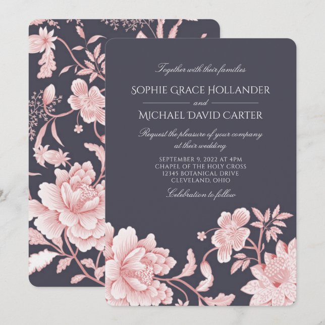 Invitación Motif floral en rosa y gris 2 Boda (Anverso / Reverso)