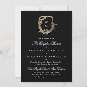 Invitación motivo clásico de oro negro monograma duchas de pa