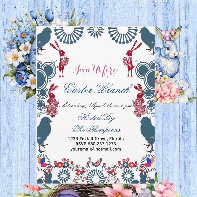 Invitación Motivo Decorativo Desayuno Pascual Pollo Conejo (Decorative Motif Easter Brunch Chick Birds Bunny Invitation)