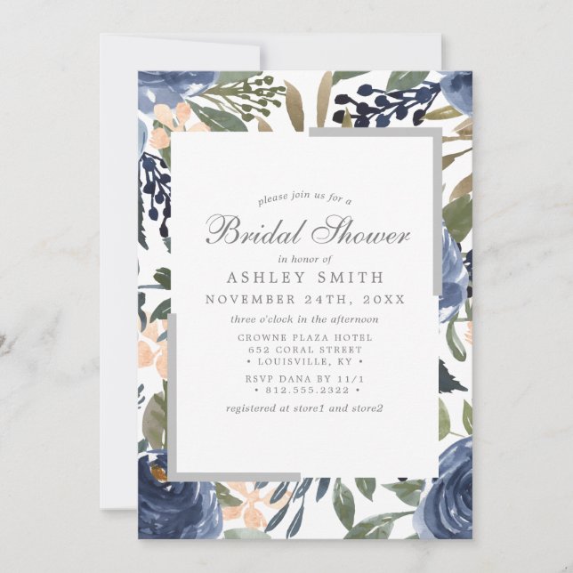 Invitación Motivo floral azul marino acuarela ducha de novia (Anverso)