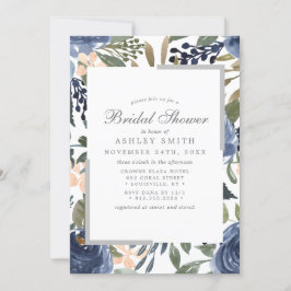 Invitación Motivo floral azul marino acuarela ducha de novia