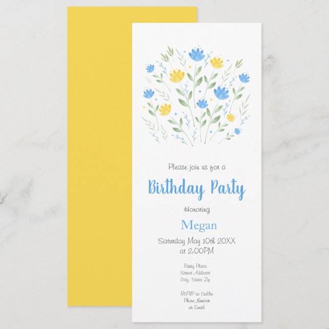 Invitación Motivo floral azul suave y amarillo acuarela (Anverso / Reverso)