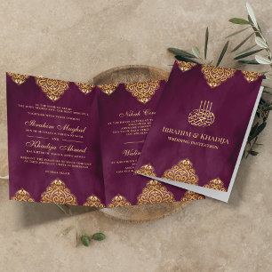 Invitación Motivo Islámico Dorado Púrpura Ciruela Boda Musulm