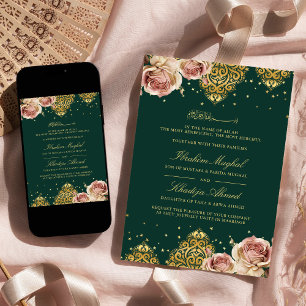 Invitación Motivo Islámico Rosa Rosa Verde Esmeralda Boda Mus