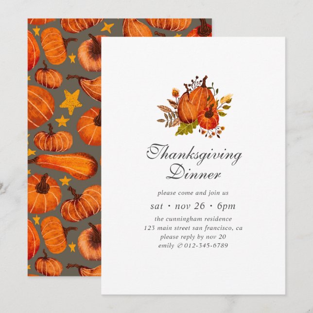 Invitación Motivo moderno de calabaza floral Día de Acción de (Anverso / Reverso)